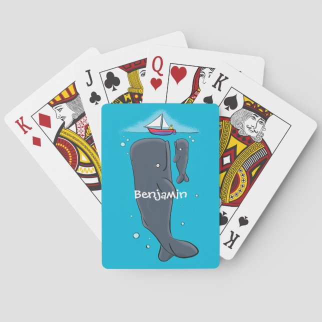 Cute whales and sailing boat cartoon illustration poker cards (Back)