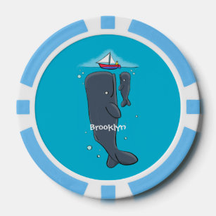 Cute whales and sailing boat cartoon illustration poker chips