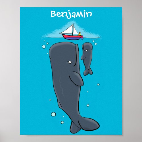 Cute whales and sailing boat cartoon illustration poster