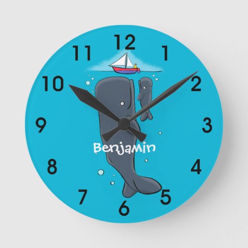 Cute whales and sailing boat cartoon illustration round clock