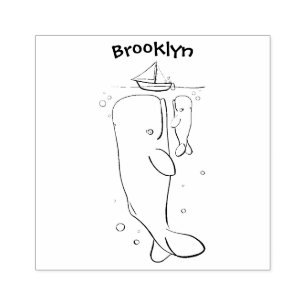 Cute whales and sailing boat cartoon illustration rubber stamp