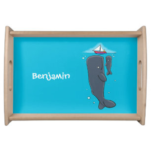 Cute whales and sailing boat cartoon illustration serving tray
