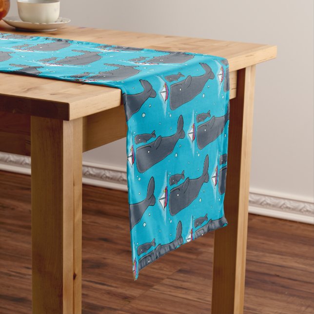 Cute whales and sailing boat cartoon illustration short table runner (In Situ)