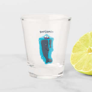 Cute whales and sailing boat cartoon illustration shot glass