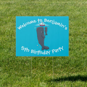 Cute whales and sailing boat cartoon illustration sign