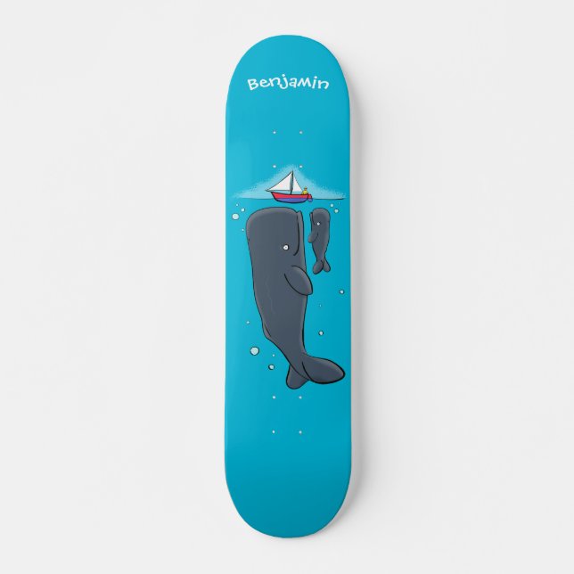 Cute whales and sailing boat cartoon illustration skateboard (Front)