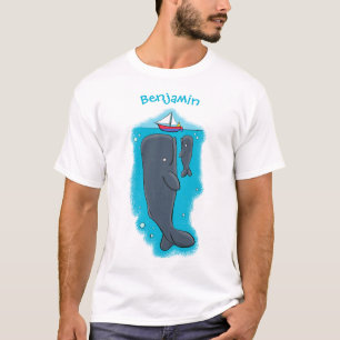 Cute whales and sailing boat cartoon illustration T-Shirt