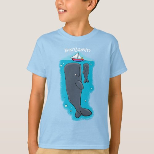 Cute whales and sailing boat cartoon illustration T_Shirt