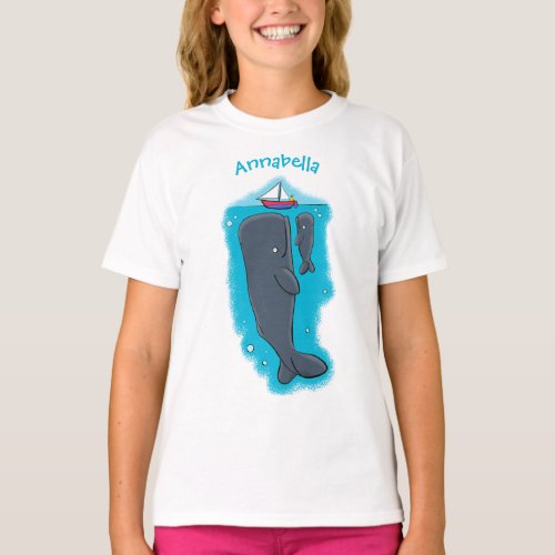 Cute whales and sailing boat cartoon illustration T_Shirt