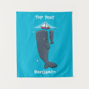 Cute whales and sailing boat cartoon illustration  tapestry