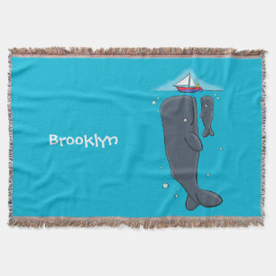 Cute whales and sailing boat cartoon illustration throw blanket