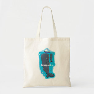 Cute whales and sailing boat cartoon illustration tote bag