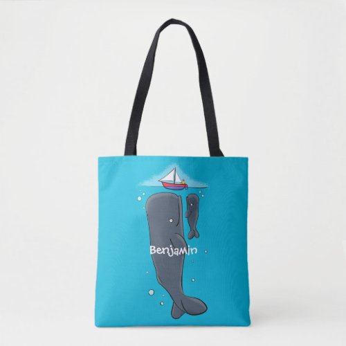 Cute whales and sailing boat cartoon illustration tote bag