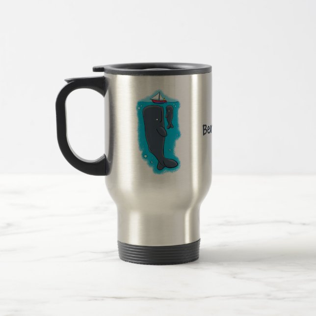 Cute whales and sailing boat cartoon illustration travel mug (Left)