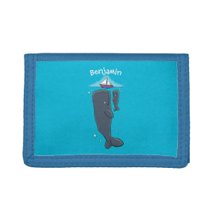 Cute whales and sailing boat cartoon illustration tri-fold wallet