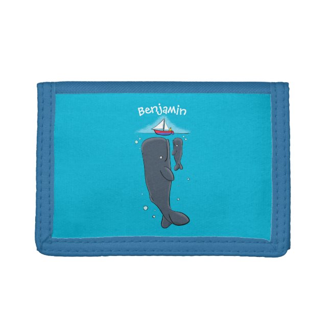 Cute whales and sailing boat cartoon illustration trifold wallet (Front)
