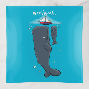Cute whales and sailing boat cartoon illustration trinket tray