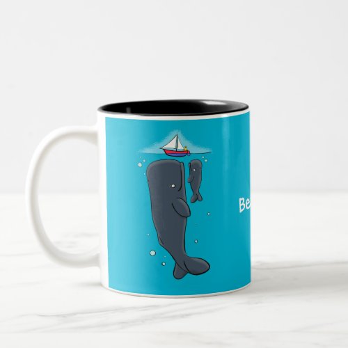 Cute whales and sailing boat cartoon illustration Two_Tone coffee mug