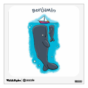 Cute whales and sailing boat cartoon illustration wall decal