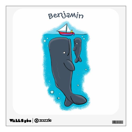 Cute whales and sailing boat cartoon illustration wall decal