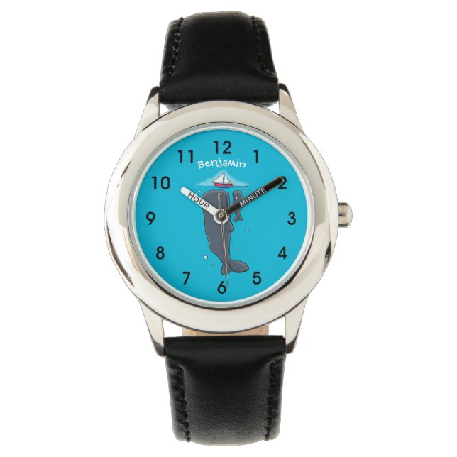 Cute whales and sailing boat cartoon illustration watch (Front)