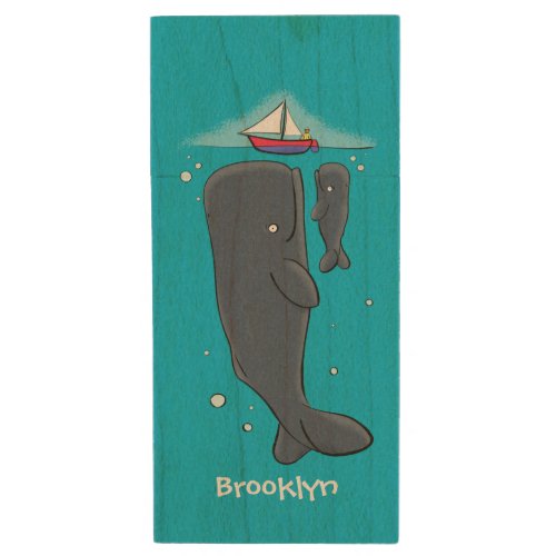 Cute whales and sailing boat cartoon illustration wood flash drive