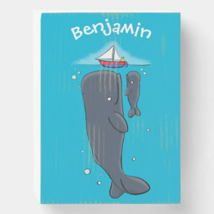 Cute whales and sailing boat cartoon illustration wooden box sign