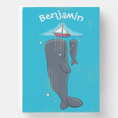 Cute whales and sailing boat cartoon illustration wooden box sign