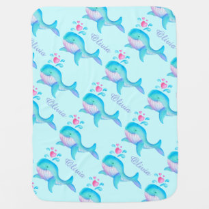 Cute whales aqua heart name patterned blanket