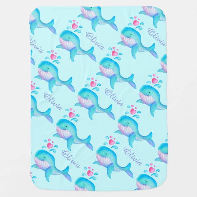 Cute whales aqua heart name patterned blanket (Front)