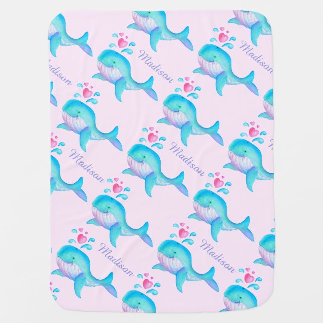 Cute whales aqua pink heart name patterned blanket (Front)