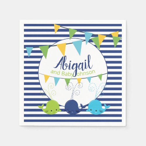 Cute Whales Baby Shower Its A Boy Navy Striped Napkins