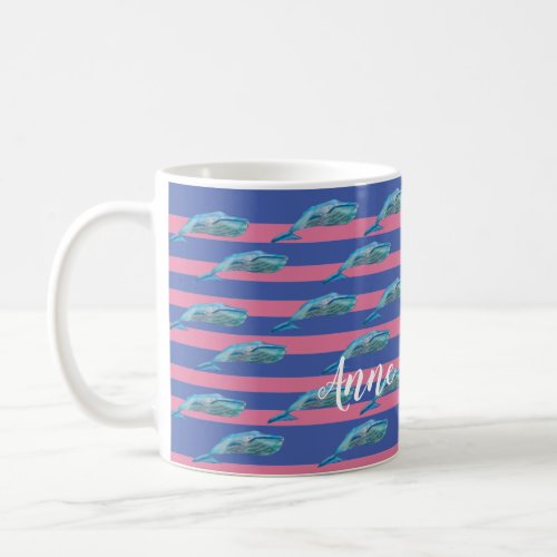 Cute Whales Fish Art Pink Stripes Custom  Coffee Mug