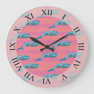 Cute Whales Fish Art Pink Stripes Pattern Custom Large Clock