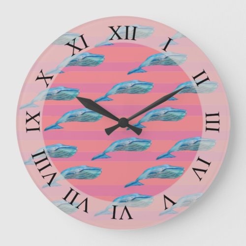 Cute Whales Fish Art Pink Stripes Pattern  Custom  Large Clock