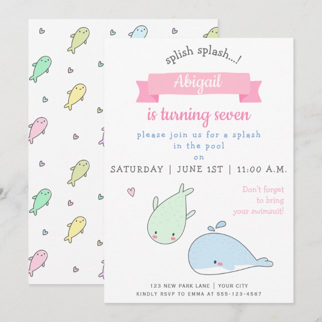 Cute Whales - Kids Birthday Pool Party Invitation (Front/Back)