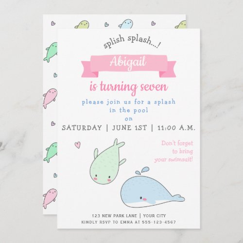 Cute Whales _ Kids Birthday Pool Party Invitation