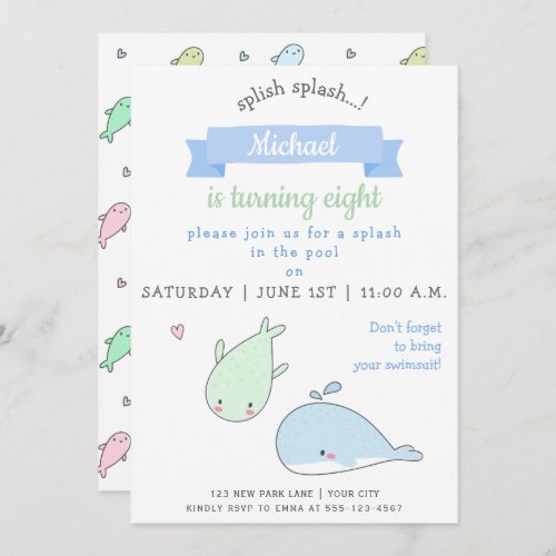 Cute Whales _ Kids Birthday Pool Party Invitation