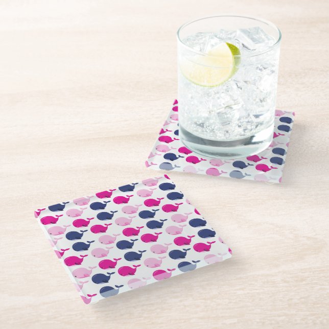Cute Whales, Pattern Of Whales, Sea Animals Glass Coaster (Angled)