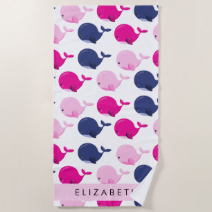 Cute Whales, Pattern Of Whales, Your Name Beach Towel