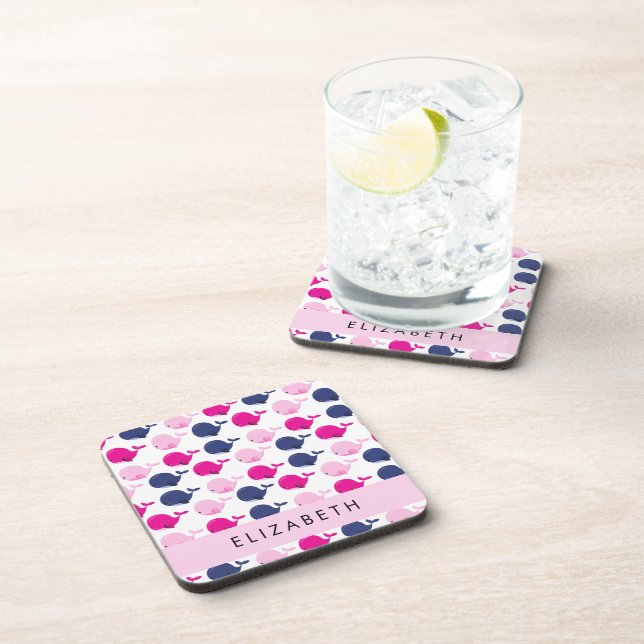 Cute Whales, Pattern Of Whales, Your Name Beverage Coaster (Right Side)