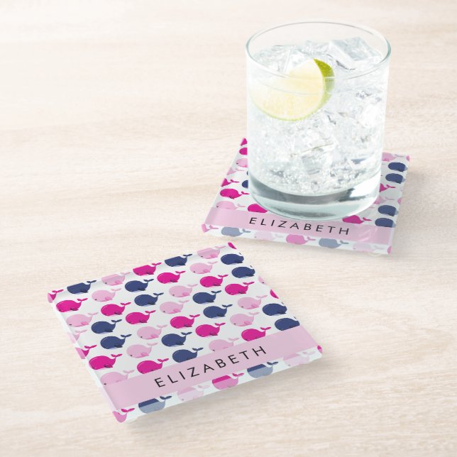 Cute Whales, Pattern Of Whales, Your Name Glass Coaster (Angled)