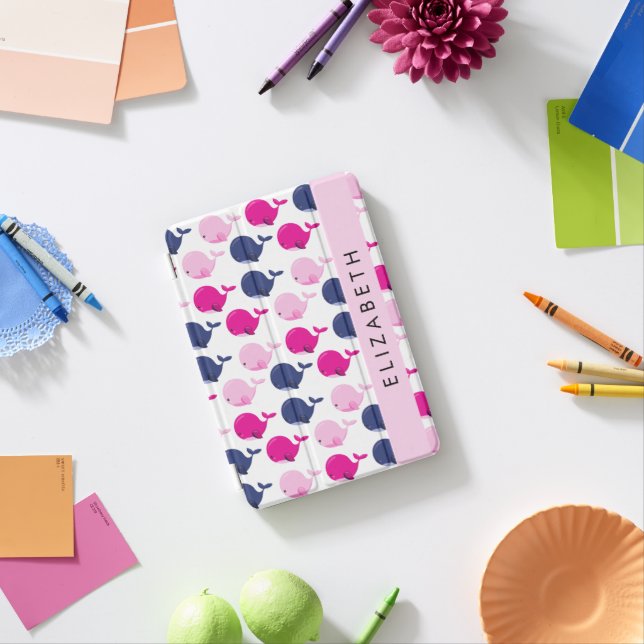 Cute Whales, Pattern Of Whales, Your Name iPad Mini Cover (In Situ)