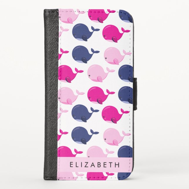 Cute Whales, Pattern Of Whales, Your Name iPhone Wallet Case (Front)