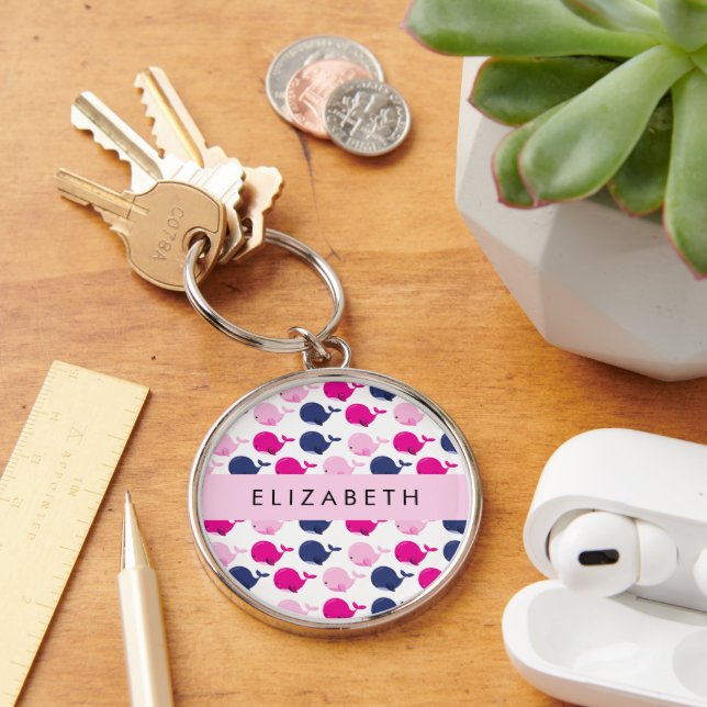 Cute Whales, Pattern Of Whales, Your Name Keychain (Desk)