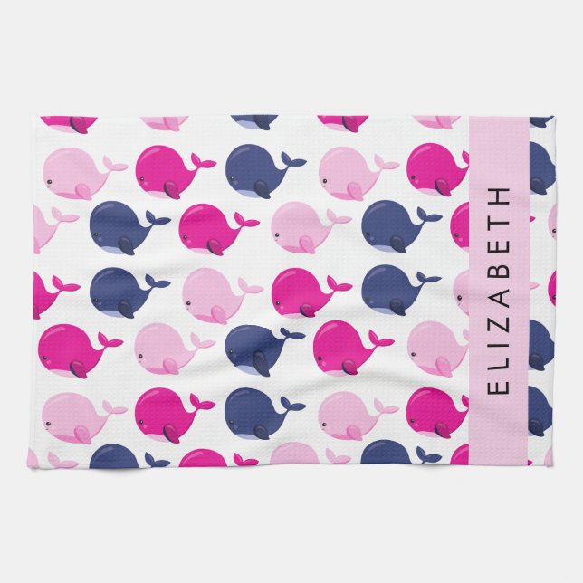 Cute Whales, Pattern Of Whales, Your Name Kitchen Towel (Horizontal)