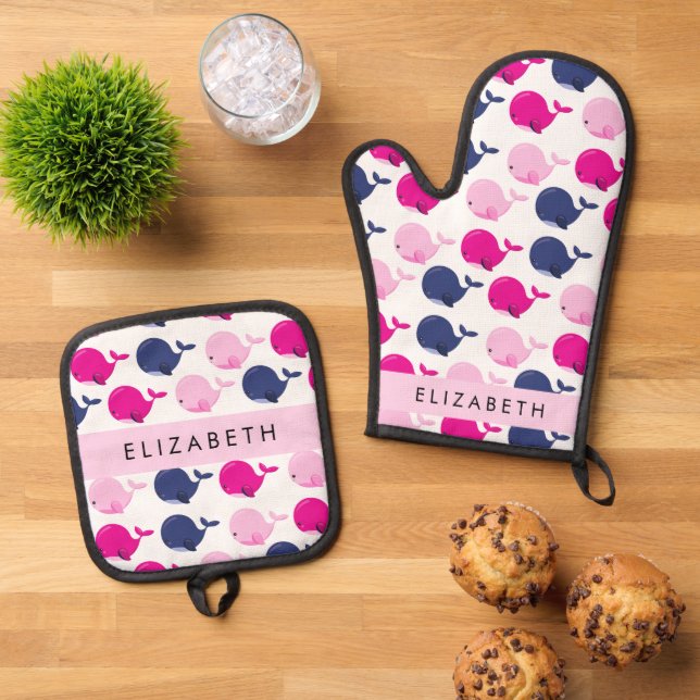 Cute Whales, Pattern Of Whales, Your Name Oven Mitt & Pot Holder Set (Top Down)