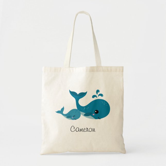 Cute whales personalized name tote bag for kids (Front)