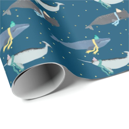 Cute Whales Scarves Winter Birthday Kids Blue Wrapping Paper