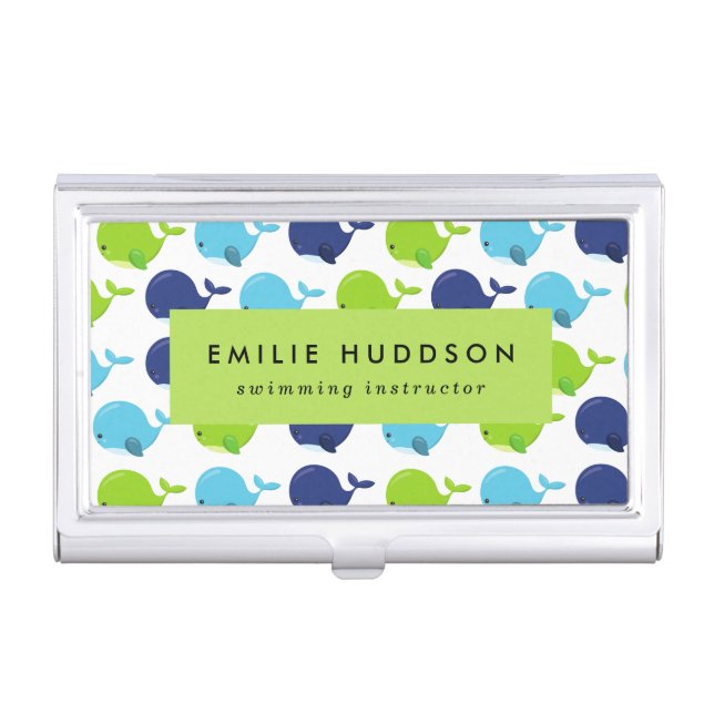 Cute Whales, Swim Instructor, Swimming Coach Business Card Case (Front)